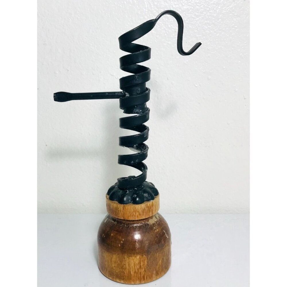 Primitive Wrought Iron Courting Candle Spiral Candle Holder Wood Base 9" Antique - Picture 4 of 9